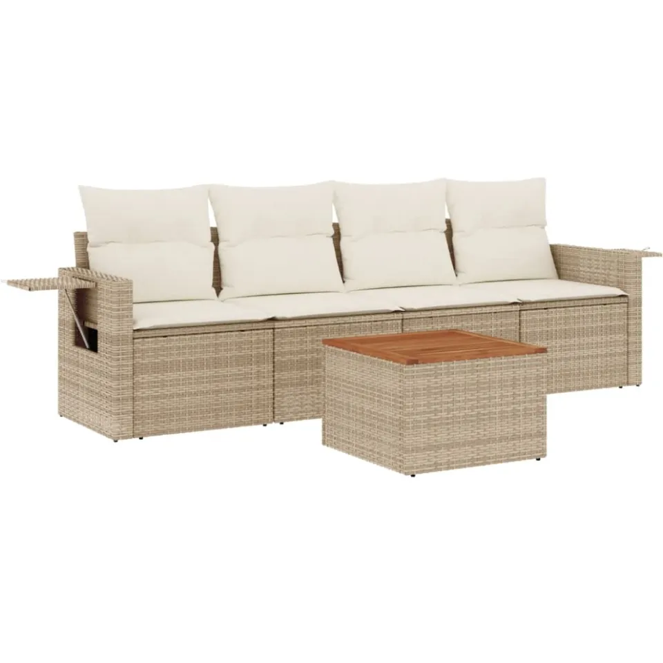 vidaXL 5-delige Loungeset met kussens poly rattan beige, foto 3