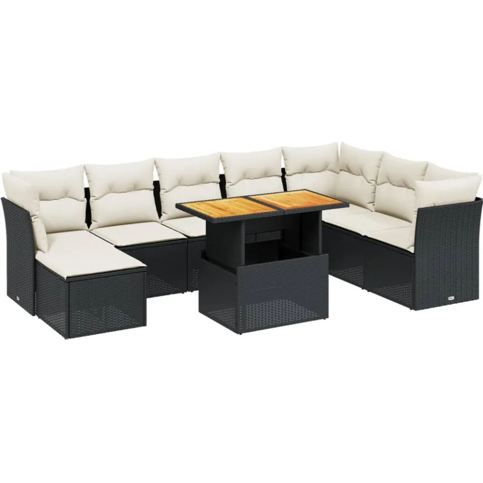 vidaXL 9-delige Loungeset met kussens poly rattan zwart