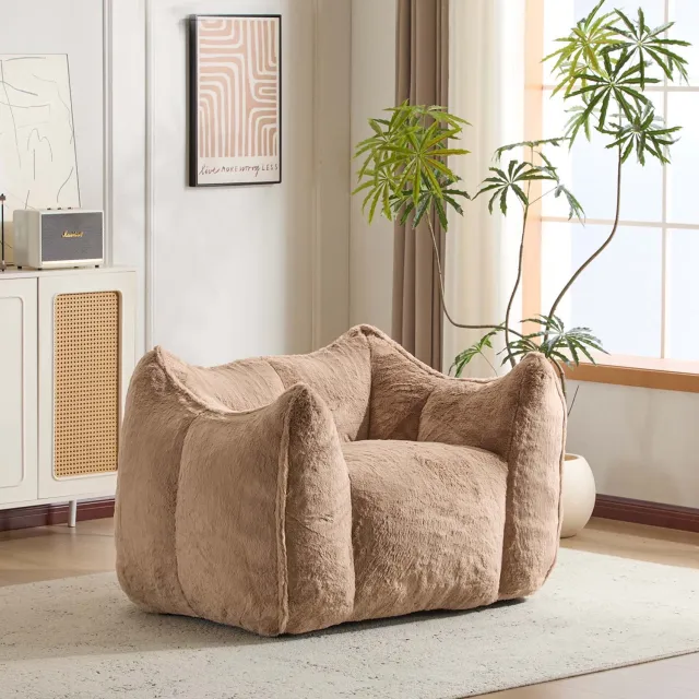 HAUSS SPOLE Fauteuil met Hocker - Zachte Zitting en Ronde Vormen - Voor Woonkamer en Leeshoek - Kunstbont met Konijnenvachtuitstraling - Khaki