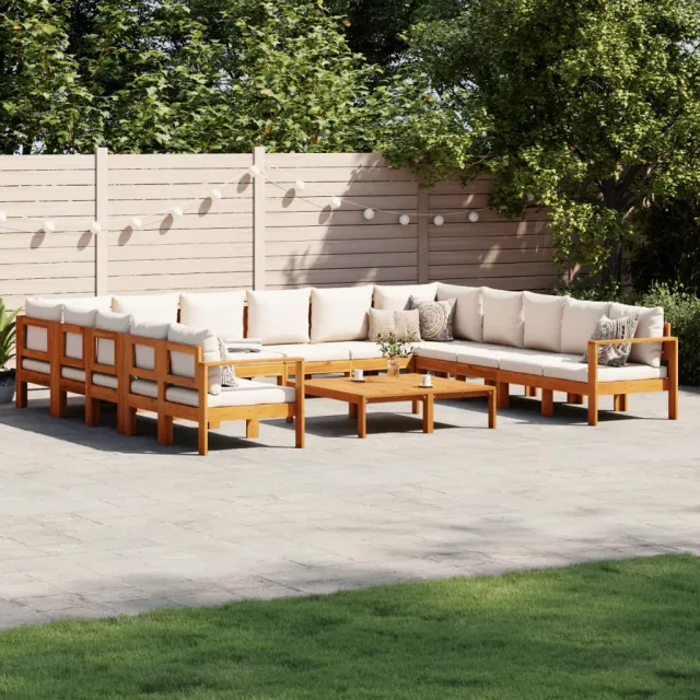 vidaXL 10-delige Loungeset met kussens massief acaciahout crème
