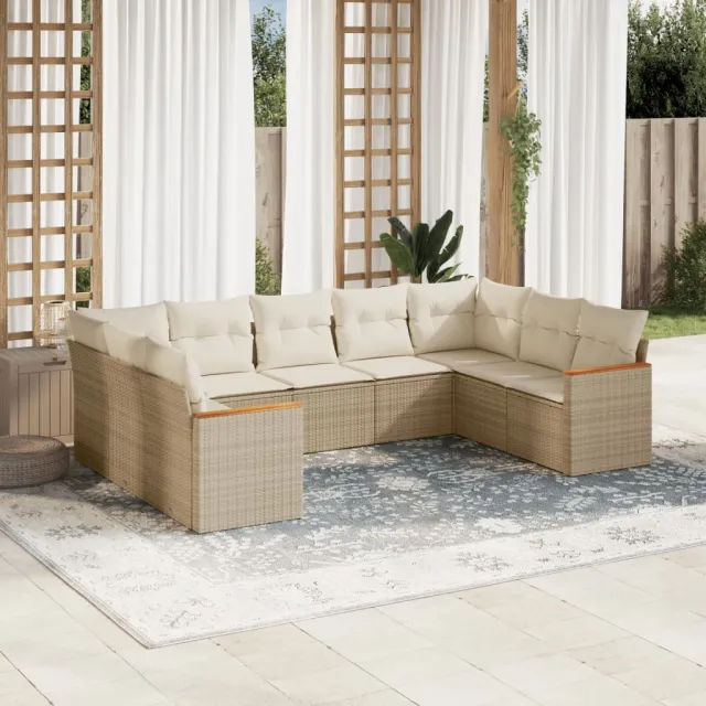 vidaXL 9-delige Loungeset met kussens poly rattan beige, foto 2