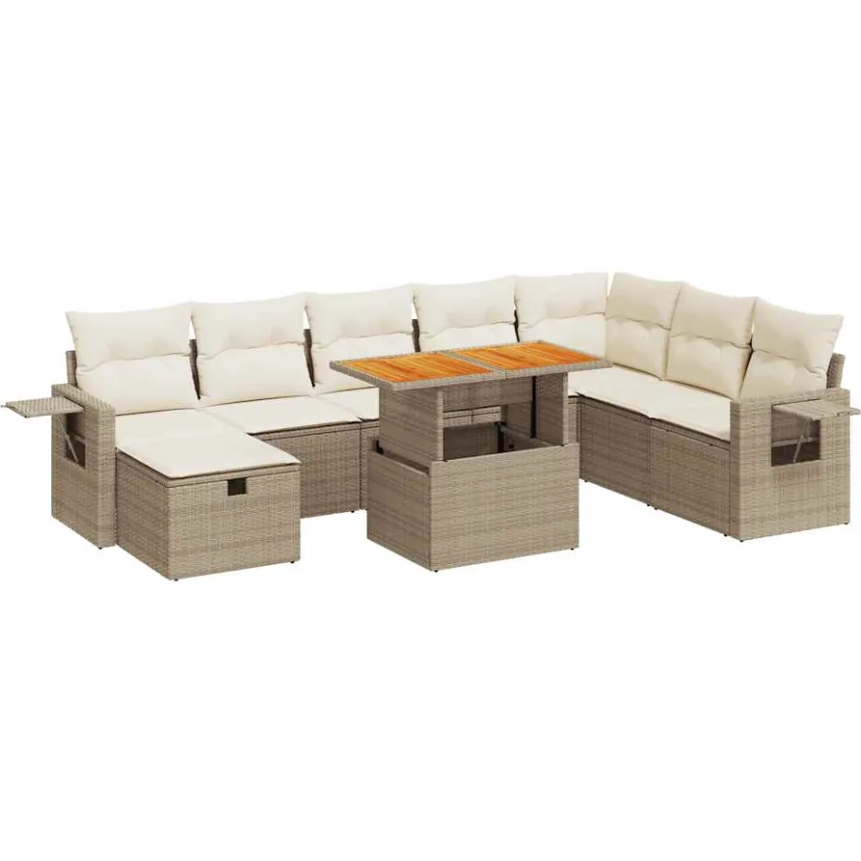 vidaXL 9-delige Loungeset met kussens poly rattan acacia beige, foto 3