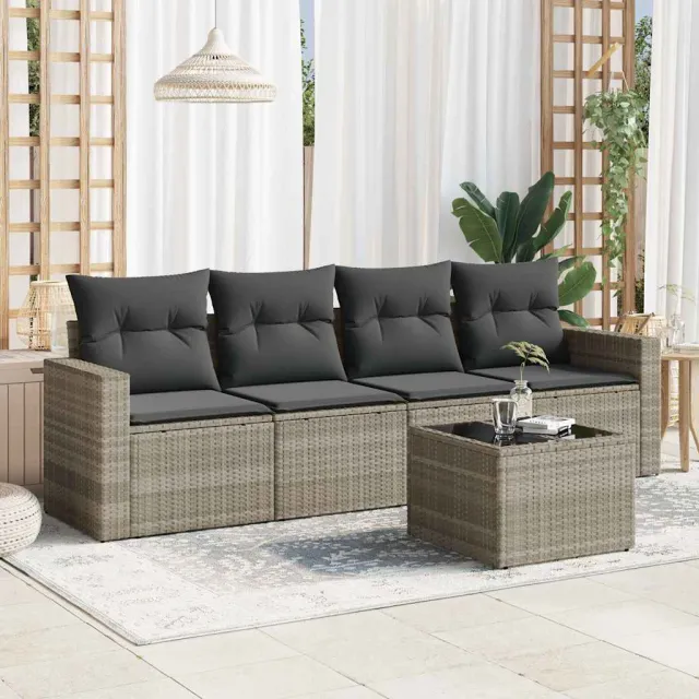 vidaXL 5-delige Loungeset met kussens poly rattan lichtgrijs grijs, foto 2