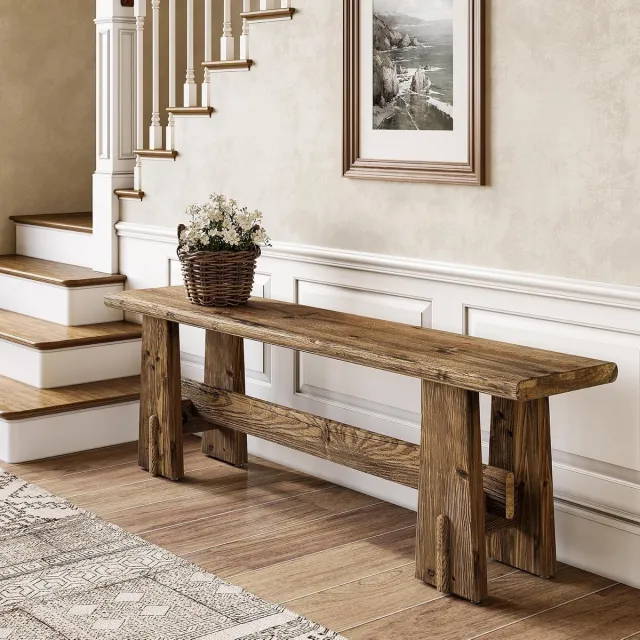 Little Trees LITTLE TREE Massief Houten Entreebank - 150 x 30 x 45 cm - Schoenenbank met opbergplank - Smalle bank voor de hal Bruin
