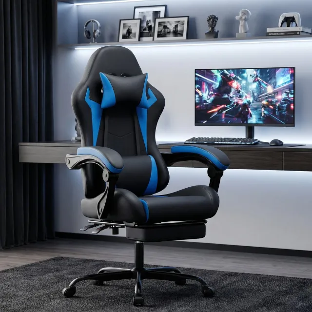 OKWISH Gamestoel Verstelbaar - Ergonomische Rugleuning, Hoofdsteun En Voetsteun - Voor Werken En Gamen - PVC - Zwart Blauw Zwart+Blauw