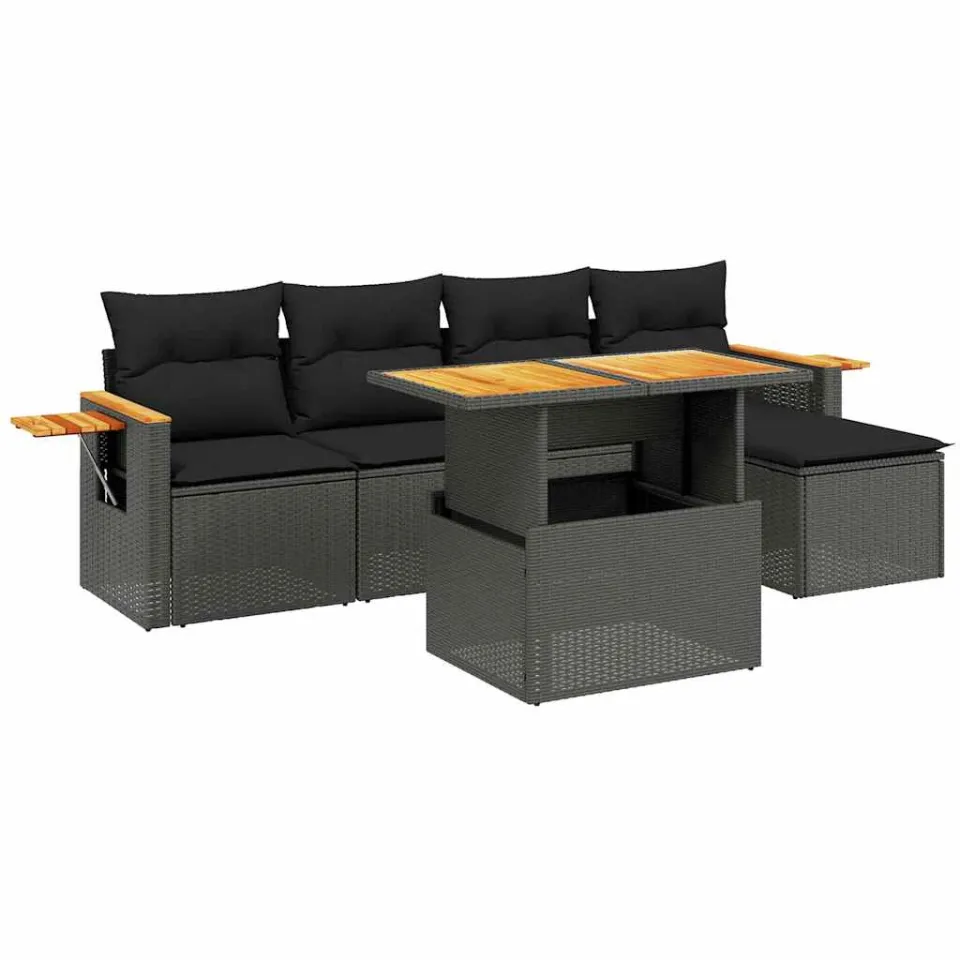 vidaXL 6-delige Loungeset met kussens poly rattan zwart, foto 3