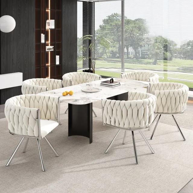 Welltin Eetkamerstoel - Set van 6 - Fluwelen kaptafelstoel, luxe draaistoel voor de slaapkamer, comfortabele draaistoel, vier metalen steunpoten - Beige