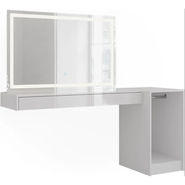 Vicco Kaptafel met licht Sherry, Wit, 160.2 cm met LED-spiegel en module met kledingstang