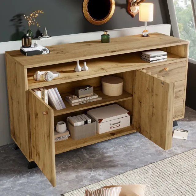 MODENUIT Dressoir - Met 3 Laden, 2 Deuren En Open Vak - Voor Woonkamer En Hal - Hout Donkere Eik - 120x40x85 Cm