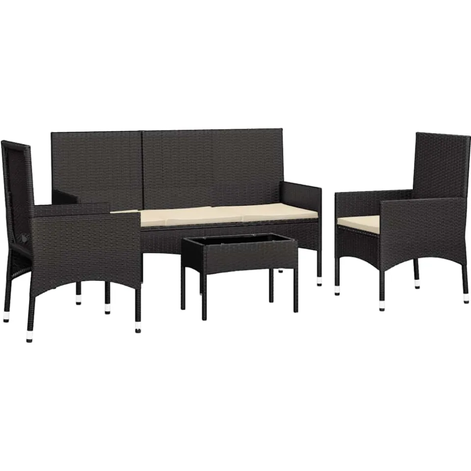 vidaXL 4-delige Loungeset met kussens poly rattan zwart