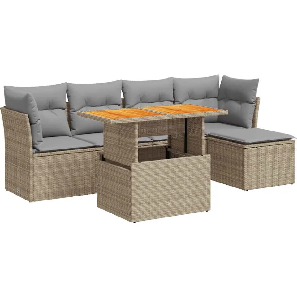 vidaXL 6-delige Loungeset met kussens poly rattan beige, foto 3