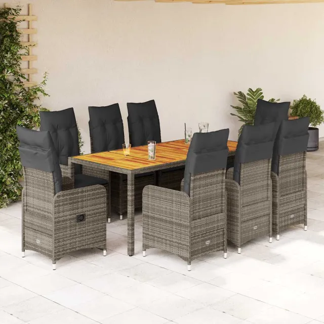 vidaXL 9-delige Bistroset met kussens poly rattan grijs, foto 2