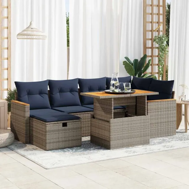 vidaXL 7-delige Loungeset met kussens poly rattan grijs, foto 2