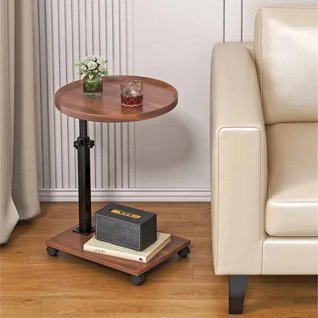 Triumpunpre Ronde C-Vormige Salontafel op Wielen met 2 Lagen - In Hoogte Verstelbaar (45-80 cm) & 360° Draaibaar Blad - Met Antival & Tabletgleuf - Houtlook - Voor Bank, Bed & Woonkamer