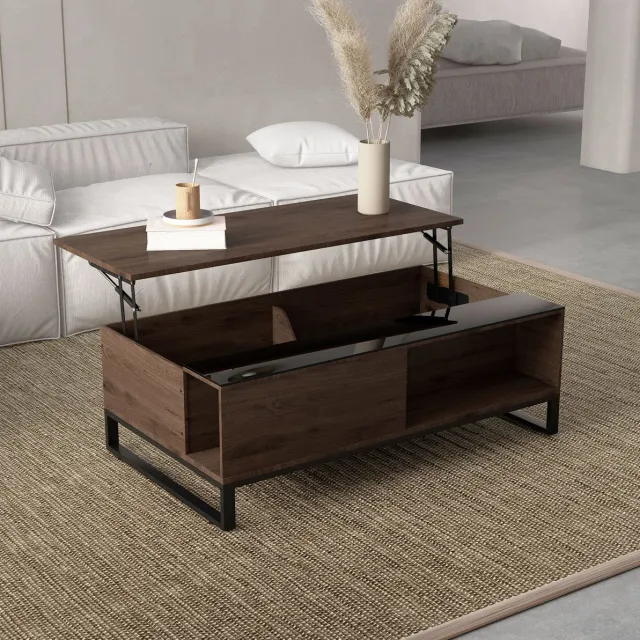 MIVRAY Salontafel - Hefblad Met Verborgen Opbergruimte - Modern Voor Woonkamer En Werkplek - Spaanplaat En Staal - 102x58x35,5 Cm - Walnoot Zwart
