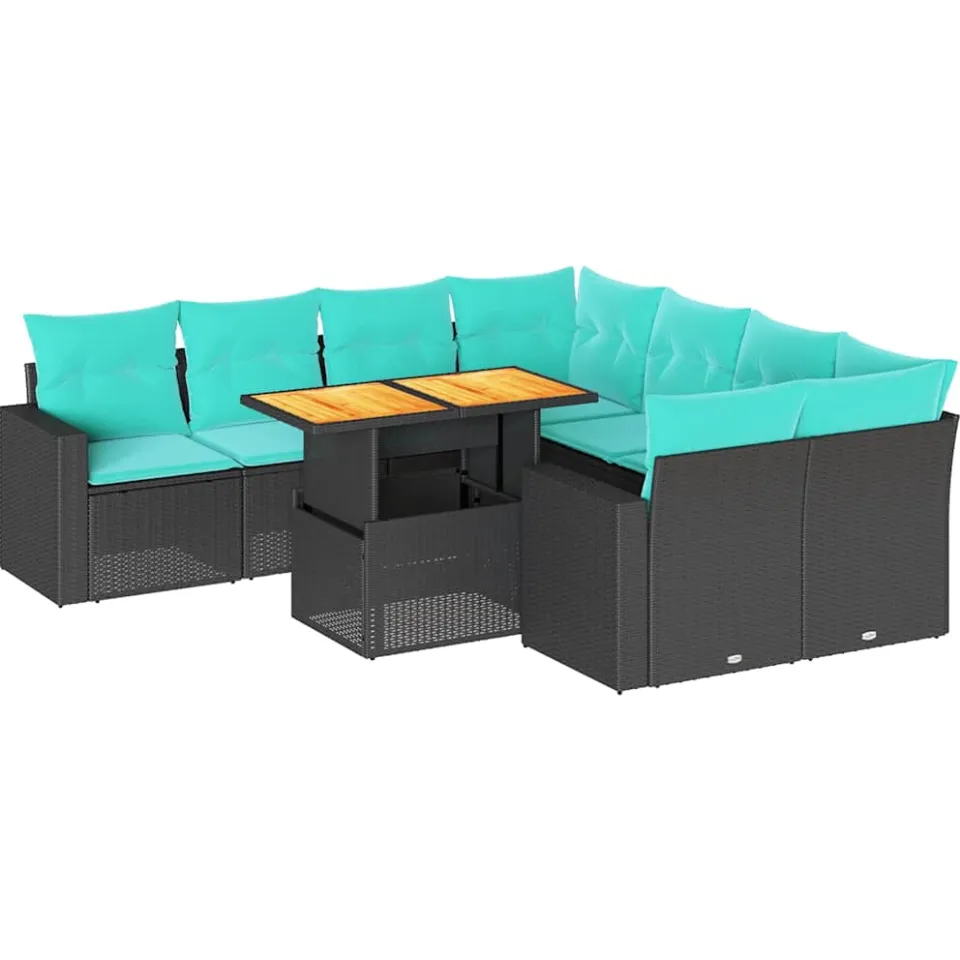 vidaXL 9-delige Loungeset met kussens poly rattan zwart, foto 3