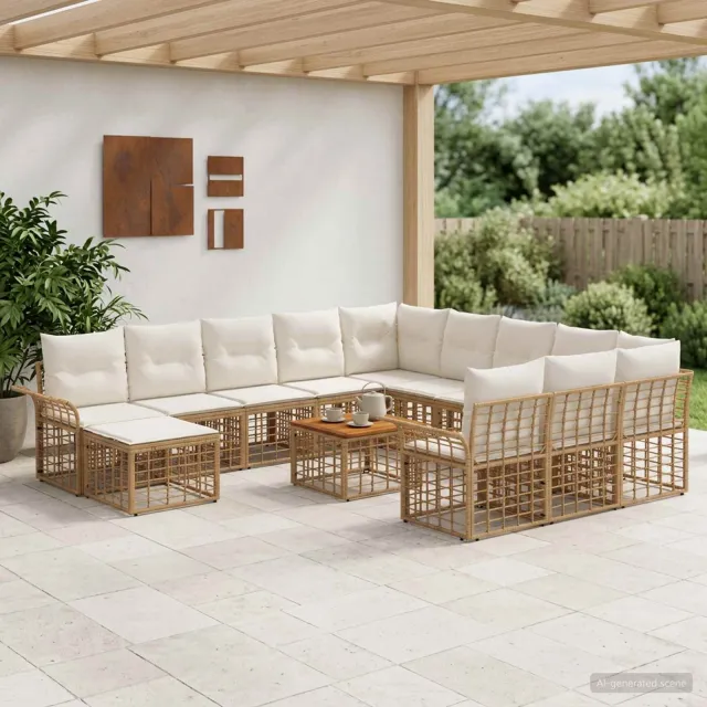 vidaXL Tuinbankenset 13 st Natuurlijk en Crème Wit poly rattan, foto 2