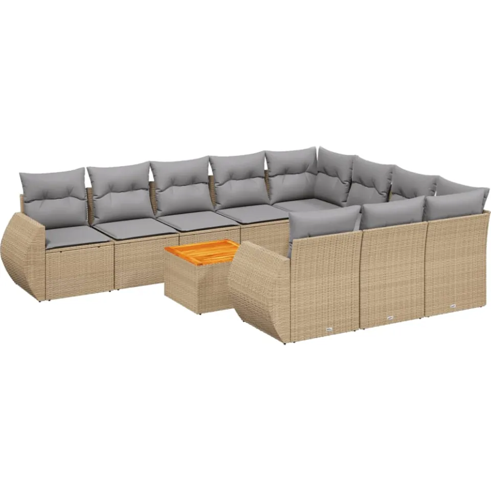 vidaXL 11-delige Tuinset met kussens poly rattan beige