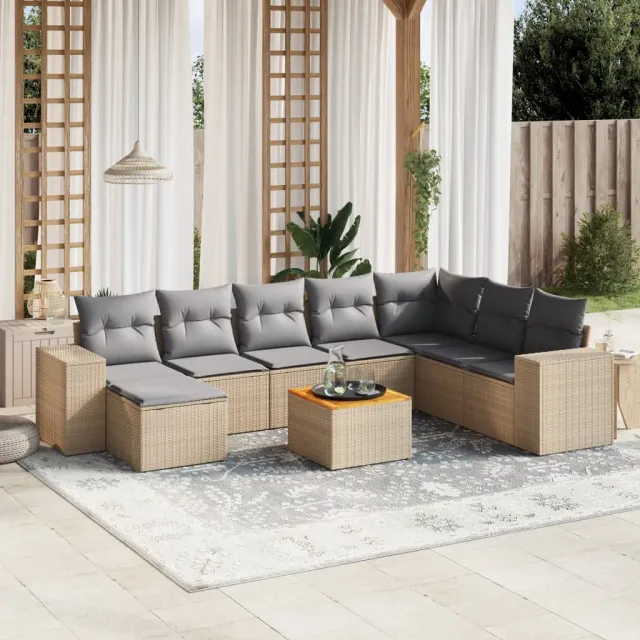 vidaXL 9-delige Loungeset met kussens poly rattan beige, foto 2