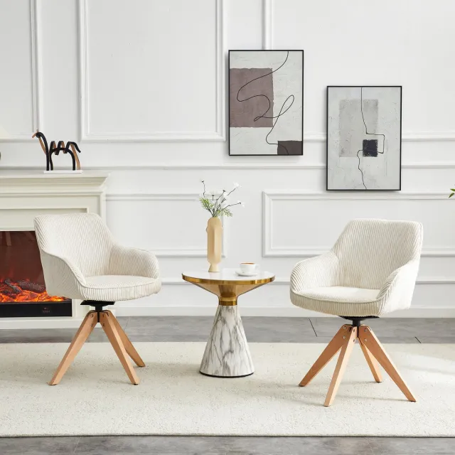 MEUNIQ draaibare eetkamerstoel set van 2, kuipstoel met armleuningen, velvet zitting, houten poten, 84 cm, voor eetkamer en woonkamer in wit Off White