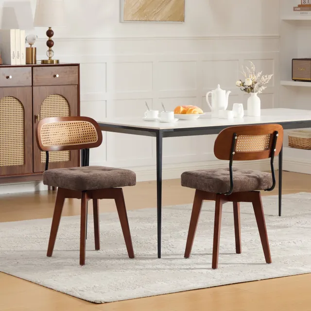 MIVRAY Eetkamerstoel - 360° Draaibaar - Rotan En Chenille - Koffiebruin