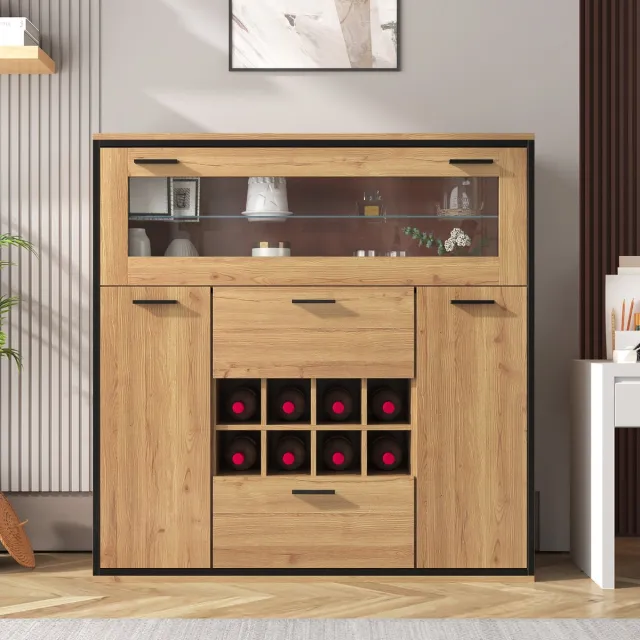 MODFU Wijnkast - Met Dubbele Deuren En Glazen Tussenwand - Modern - Voor Woonkamer - Spaanplaat - Naturel En Zwart - 110 x 38 x 111 cm Natuurlijk