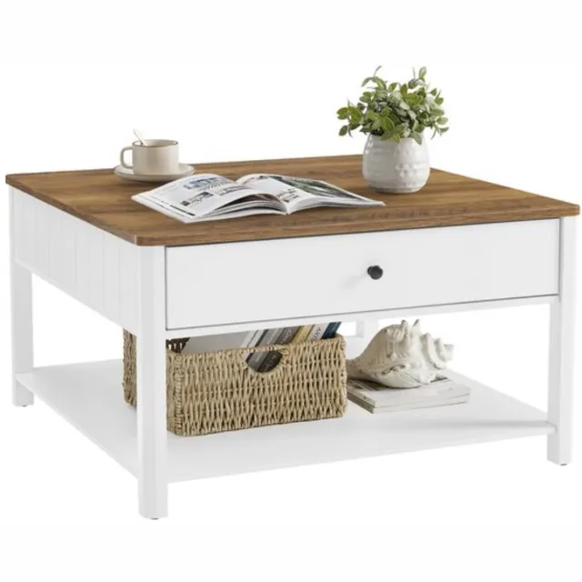 Vasagle Joorly Salontafel - Bijzettafel - Salontafel met Lade - Veel Opbergruimte - 80x80x45cm - draagvermogen 25 kg - Wit Bruin-Wit