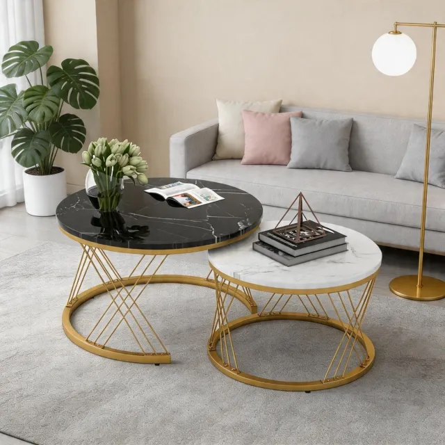 KOMHTOM Moderne nestbare salontafel set - Marmerfineer - Set van 2 ronde bijzettafels - Gouden frame Zwart