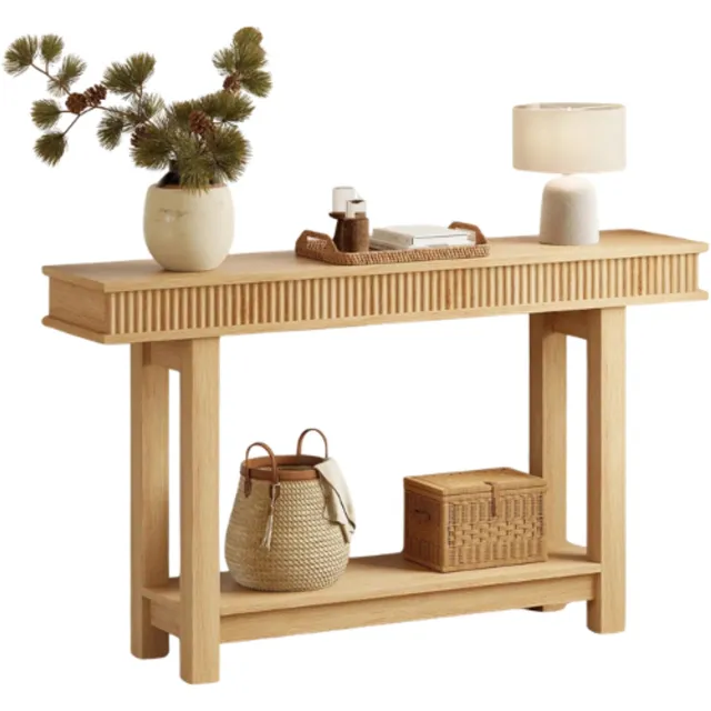 emvae Sidetable - Consoletafel - Smalle Haltafel met Opbergvak - 2-Laags - 140 x 30,22 x 81,5 cm - MDF - Natuurlijke Houtlook
