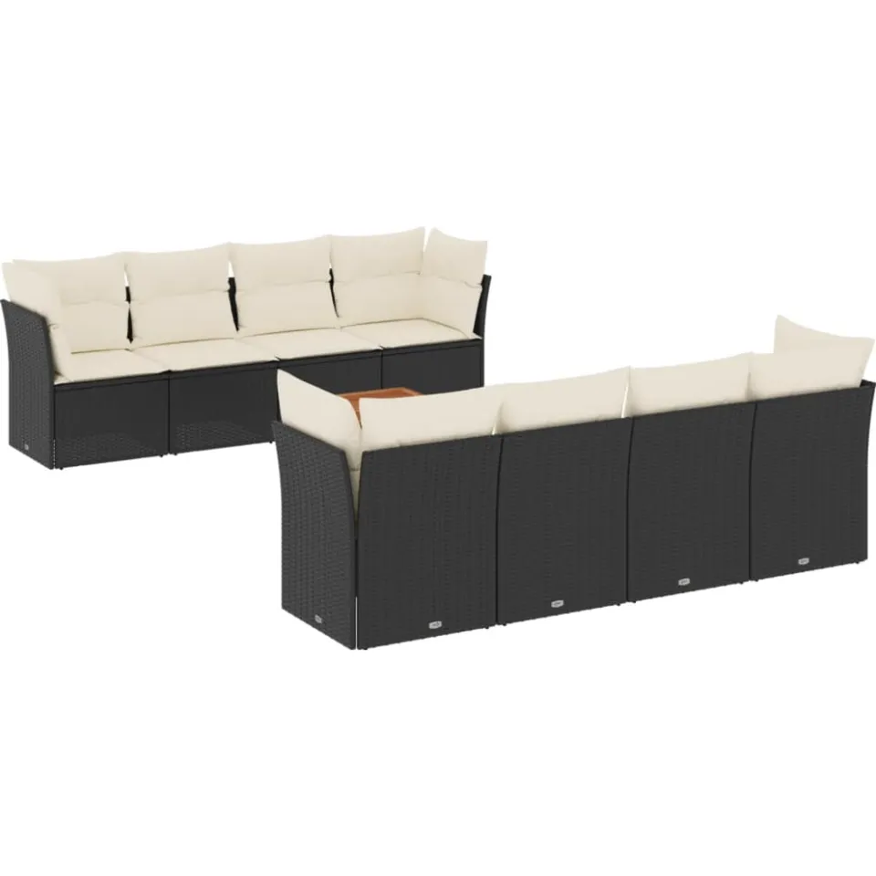 vidaXL 9-delige Loungeset met kussens poly rattan zwart