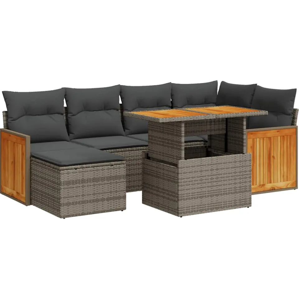 vidaXL 7-delige Loungeset met kussens poly rattan acacia grijs, foto 3