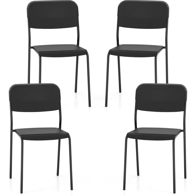 Costway Set van 4 eetkamerstoelen, stapelbare keukenstoelen met rugleuning en metalen poten, zitting van PP, stoel zonder armleuningen, stapelstoel voor eetkamer, woonkamer, restaurant Zwart