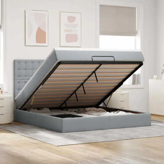 vidaXL Ottoman bed met matras 160x200cm stof lichtgrijs grijs