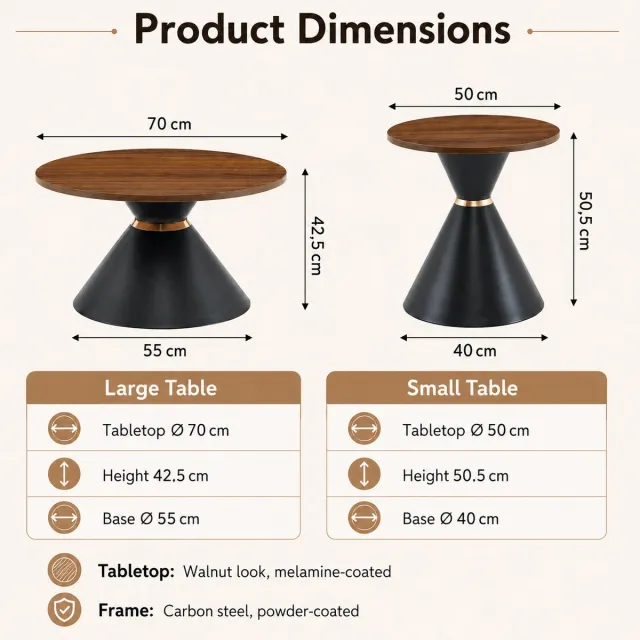 MODENUIT Salontafel - 2-Delige Ronde Couchtafel - Woonkamer En Slaapkamer - Metaal - Walnoot En Zwart - 70 Cm