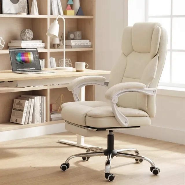 Wishdor Bureaustoel met liegfunctie - Verstelbare hoogte en voetsteun - Kantelbare rugleuning tot 155° - Draaibaar 360° met wielen - Kunstleer - Beige - 64 x 73 x 120 cm