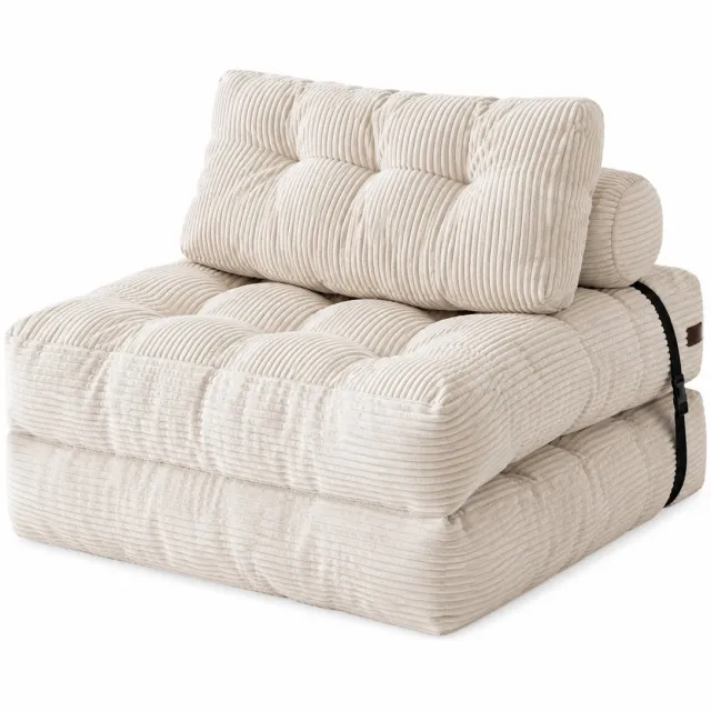 VILIMA Slaapbank - Opvouwbare slaapbank - Vloer fauteuil - Verstelbare rugleuning - Comfortabel - Woonkamer - Slaapkamer - Beige ribstof - Eenpersoons