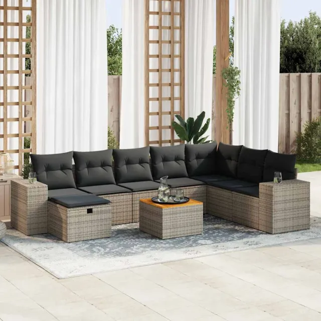 vidaXL 9-delige Loungeset met kussens poly rattan grijs, foto 2