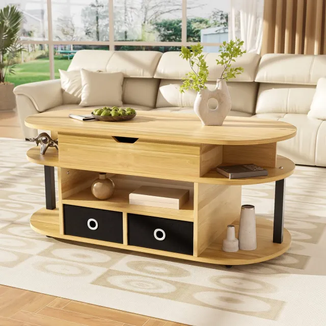 REDOM Salontafel 105x50x45/60 cm van spaanplaat, met hefblad en 2 stoffen lades Zwart, Hout