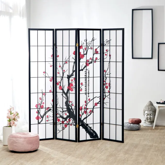 Homestyle4u Kamerscherm - 176x179 cm - zwart - 4-delig - kersen