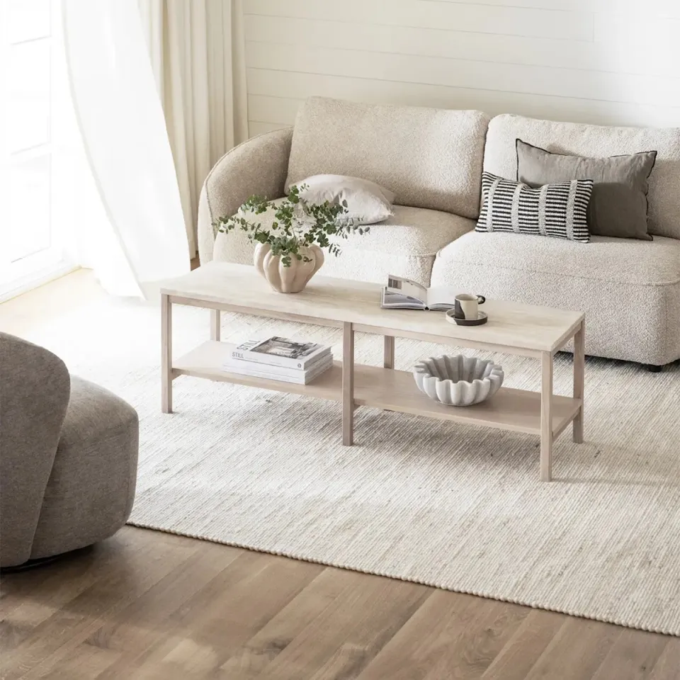Rowico Home Orwel houten salontafel met travertine tafelblad - whitewash - 140 cm, foto 4