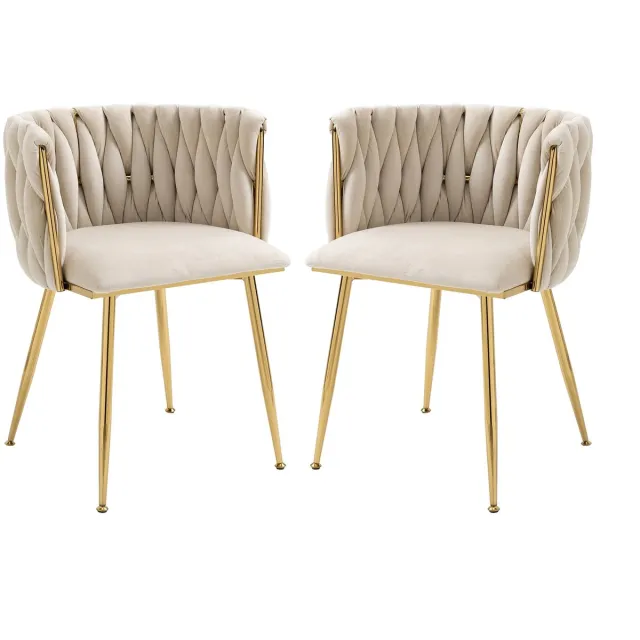 VILIMA Eetkamerstoelen - Stoelen - Set van 2 stuks - Beige stoelen - Luxe design - Goud metalen poten - Fluweel - Comfortabel