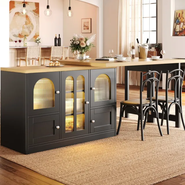 OKWISH Eettafel - Uitrekbaar Sideboard - 360 Graden Draaibaar Met RGB-ledverlichting - MDF Zwart - 120 Tot 197 x 40 x 72 cm