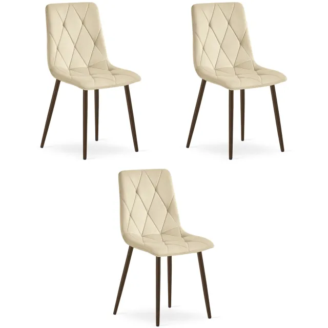 LEOBERT LIBRA Eetkamerstoelen – Set van 3 – Beige Velvet – Walnootkleurige Houten Poten – Comfortabele Gestoffeerde Zitting – Modern Design – Velvet Stoel voor Woonkamer, Keuken en Eetkamer – Max. 110 kg per Stoel