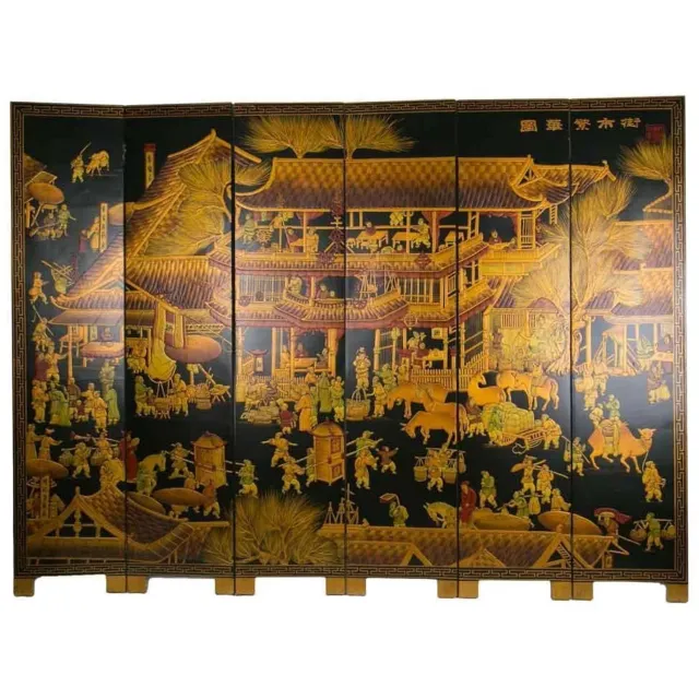 Fine Asianliving Chinees Kamerscherm 6 Panelen Handgeschilderd Dorp B240xH182cm Zwart, Goud