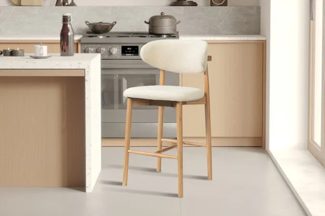 Rousseau Barstoel Clara Naturel – Keukeneiland 65 cm – Massief Essenhout – Beige Stof