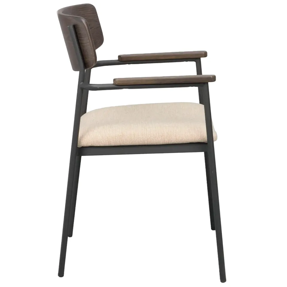 Rowico Home Maymont eikenhouten eetkamerstoel donkerbruin - met beige stoffen zitting en armleuningen, foto 4