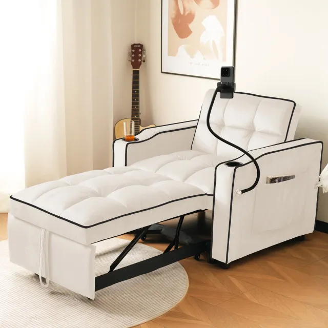 SONNENH 3-in-1 Uitschuifbare Eenpersoons slaapbank - 83*167*76 cm - Met drankhouders - Met telefoonhouder - Geschikt voor kleine ruimtes - Sofa-loungestoel - Slaapstoel - Fauteuil Beige
