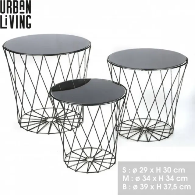 Urban Living "BOUDOIR FROUFROU" Set van 3 decoratieve bijzettafels met zwart metalen frame