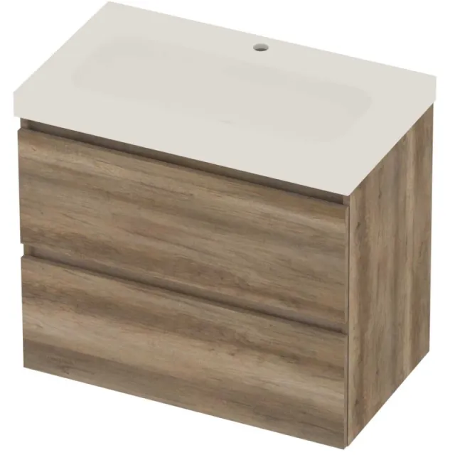 Basic-Line Moby 46 Badmeubelset Polystone 1 Kraangat Greeploos 80x46x66 cm Scotch Oak Mat Wit
