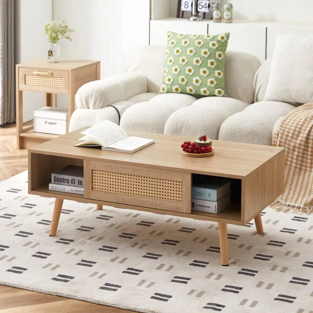 OKWISH Salontafel - Rotan Vlechtwerk - Schuifdeur Met Opbergruimte - Voor Woonkamer Slaapkamer Kantoor - MDF Naturel H40 B105 D55 Cm Natuurlijk